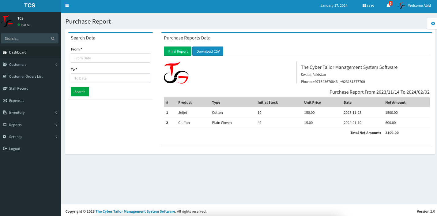 Purchase Report of custom tailor management system software